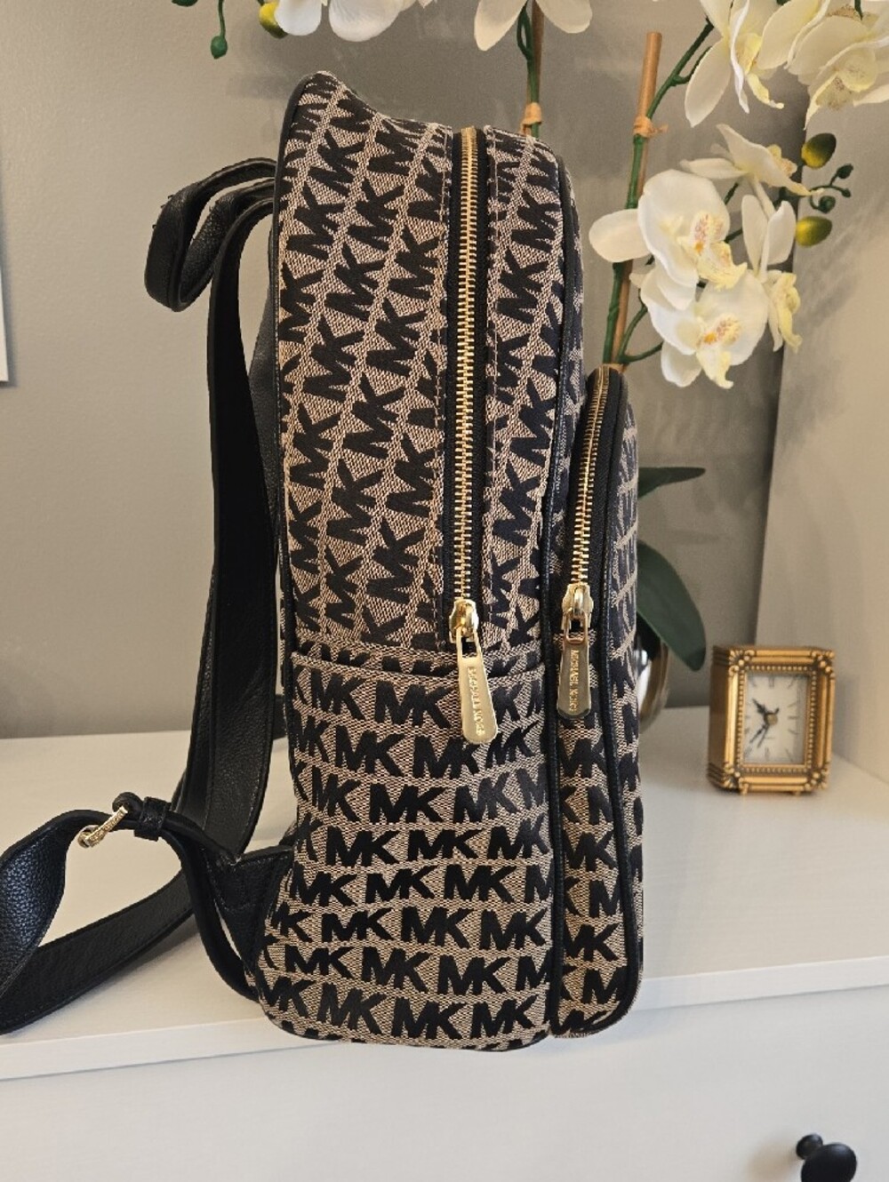 Michael Kors Black and Tan MK Monogram Backpack - Picture 3 of 11